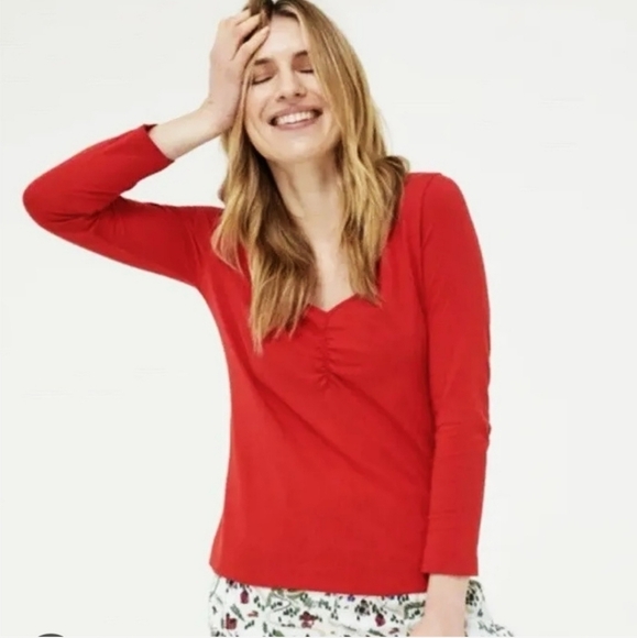 NWT Fatface Womens lris Pointelle Cotton Red Ruched Long Sleeve V-Neck Size 10 - Picture 1 of 10